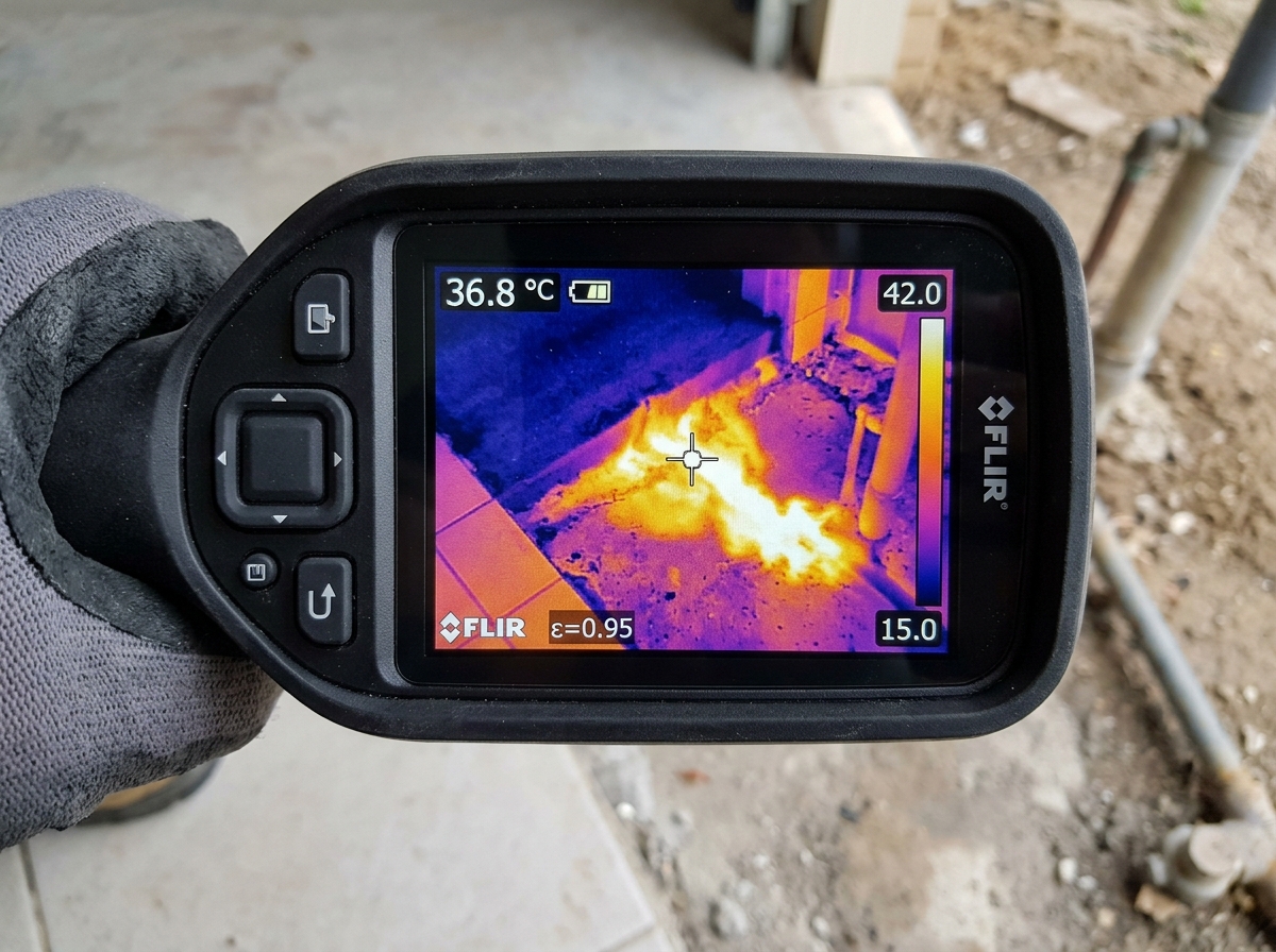 Thermal imaging inspection locating a hot water line leak under slab in Lake Charles