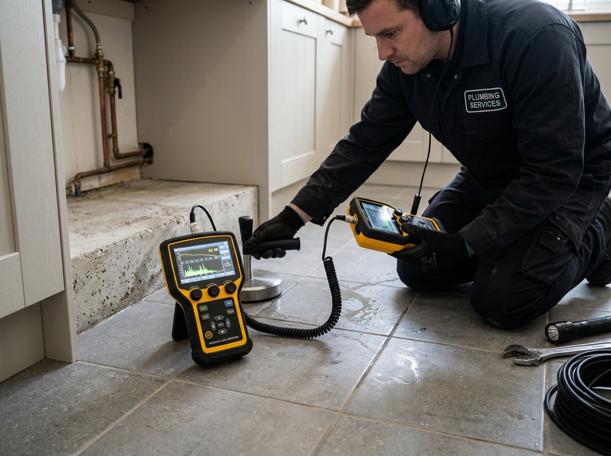 Acoustic slab leak detection technician in Lake Charles using electronic ground microphone